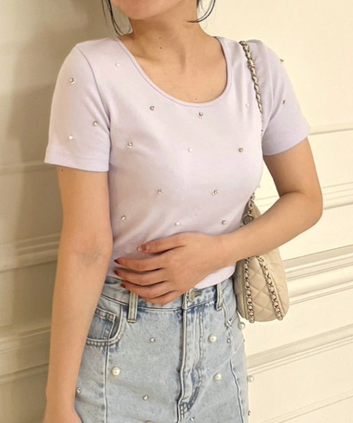 ROYAL PARTY（ロイヤルパーティー）の「プチパールビジューTシャツ（Tシャツ/カットソー・レディース・ブラック/ベージュ/パープル/オフホワイト・FREE）」の4枚目の写真