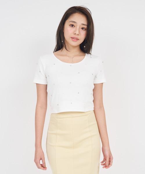 ROYAL PARTY（ロイヤルパーティー）の「プチパールビジューTシャツ（Tシャツ/カットソー・レディース・ブラック/ベージュ/パープル/オフホワイト・FREE）」の22枚目の写真