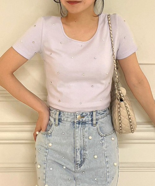 ROYAL PARTY（ロイヤルパーティー）の「プチパールビジューTシャツ（Tシャツ/カットソー・レディース・ブラック/ベージュ/パープル/オフホワイト・FREE）」の12枚目の写真