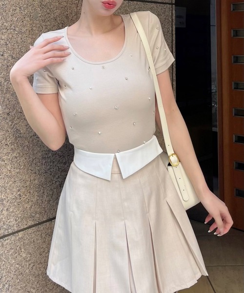 ROYAL PARTY（ロイヤルパーティー）の「プチパールビジューTシャツ（Tシャツ/カットソー・レディース・ブラック/ベージュ/パープル/オフホワイト・FREE）」の15枚目の写真