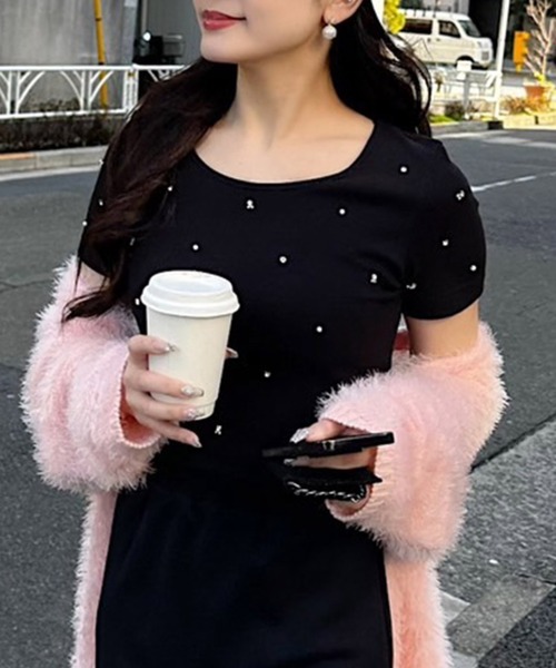 ROYAL PARTY（ロイヤルパーティー）の「プチパールビジューTシャツ（Tシャツ/カットソー・レディース・ブラック/ベージュ/パープル/オフホワイト・FREE）」の5枚目の写真