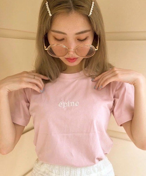 epine Eé embroidery  long tee baby pink Eé embroidery big long tee baby pink - メルカリ