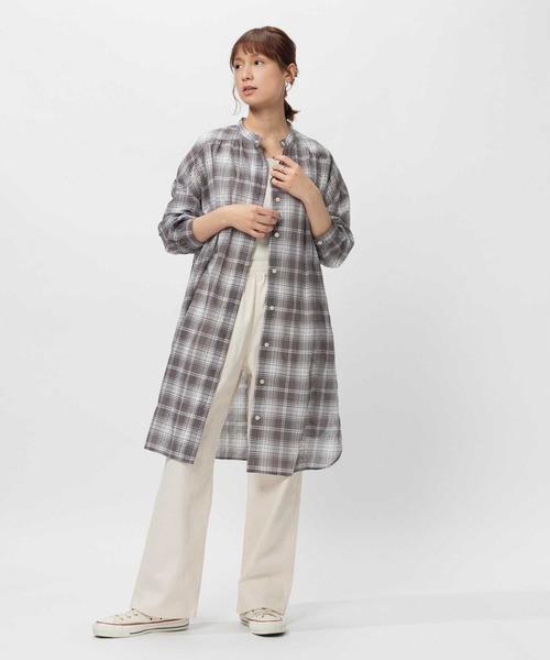 BACK NUMBER（バックナンバー）の「【BACK NUMBER】ライトポプリン長袖チェックワンピース（シャツワンピース・レディース・ホワイト×グレー/ホワイト×カーキブラウン・M/L/XL/S）」の4枚目の写真