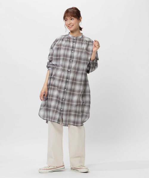 BACK NUMBER（バックナンバー）の「【BACK NUMBER】ライトポプリン長袖チェックワンピース（シャツワンピース・レディース・ホワイト×グレー/ホワイト×カーキブラウン・M/L/XL/S）」の3枚目の写真