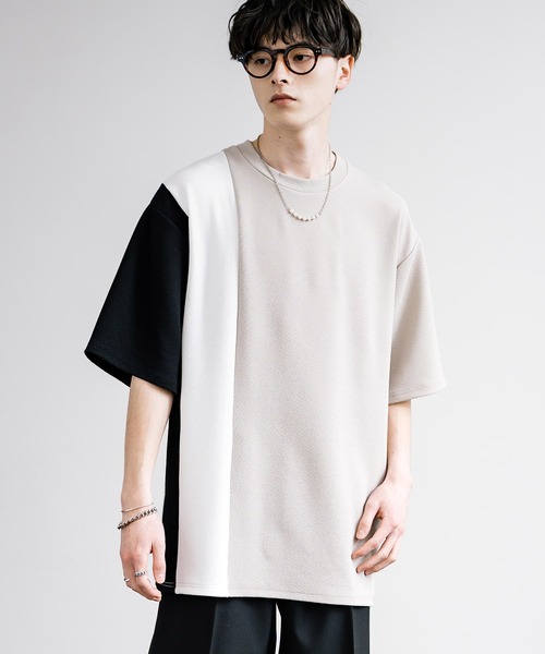 Rocky Monroe(ロッキーモンロー)の「梨地切替オーバーサイズ半袖Tシャツ(Tシャツ/カットソー・メンズ・ホワイト系1/ブラック/オフホワイト/ホワイト系/グレイッシュベージュ/ブラック系・L/M)」の6枚目の写真