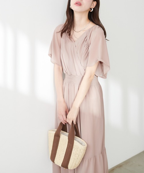 ●natural couture フリルカシュクールワンピース　ベージュ● natural couture】フリルカシュクールワンピース ベージュ