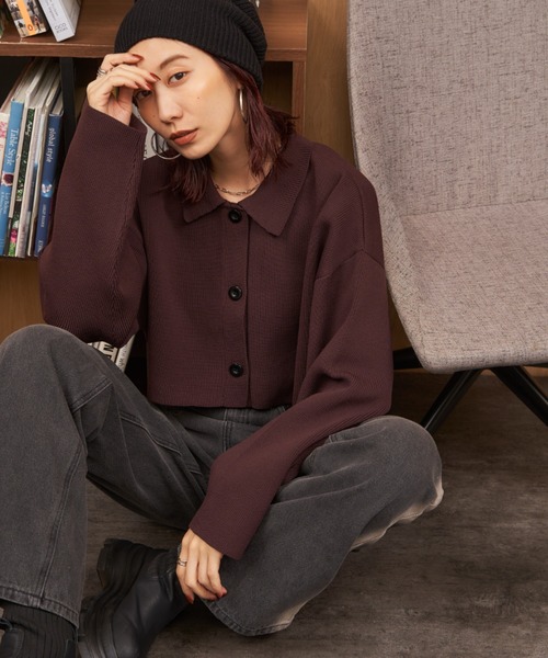 Auntie Rosa Holiday（アンティローザホリデー）の「クロップドニットポロカーディガン（カーディガン/ボレロ・レディース・ブラウン/ブラック・FREE）」の3枚目の写真