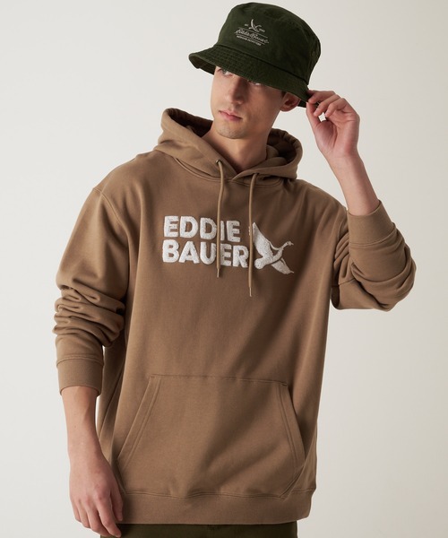 Eddie Bauer(エディーバウアー)の「ロゴ スウェットフーディ(パーカー・メンズ・杢グレー/ネイビー/ブラック/サファリグリーン/ダークベージュ・M/XXL/XL/L/S)」の1枚目の写真