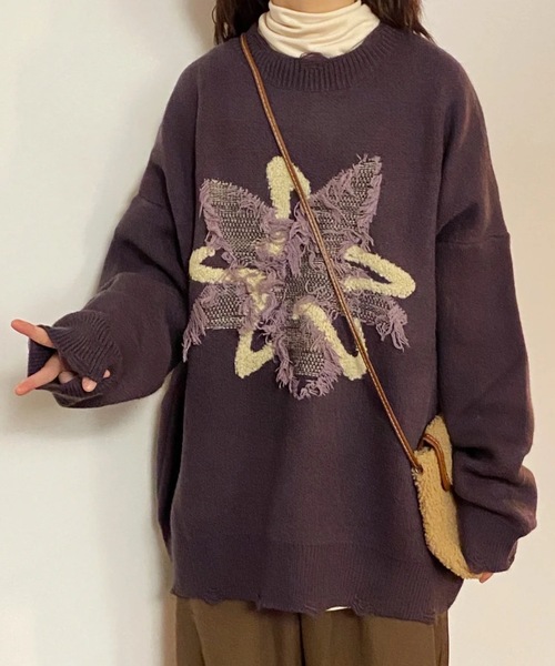 セール】サガラ刺繍星柄 ダメージ風デザインルーズシルエット