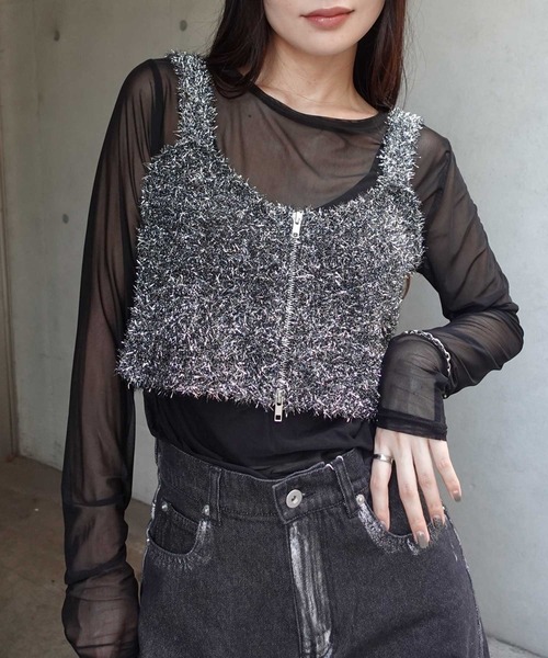 CORNERS(コーナーズ)の「グリッターニットダブルジップビスチェ(キャミソール・レディース・ブラック/シルバー/アイボリー・M)」の6枚目の写真