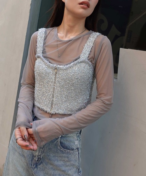 CORNERS(コーナーズ)の「グリッターニットダブルジップビスチェ(キャミソール・レディース・ブラック/シルバー/アイボリー・M)」の11枚目の写真