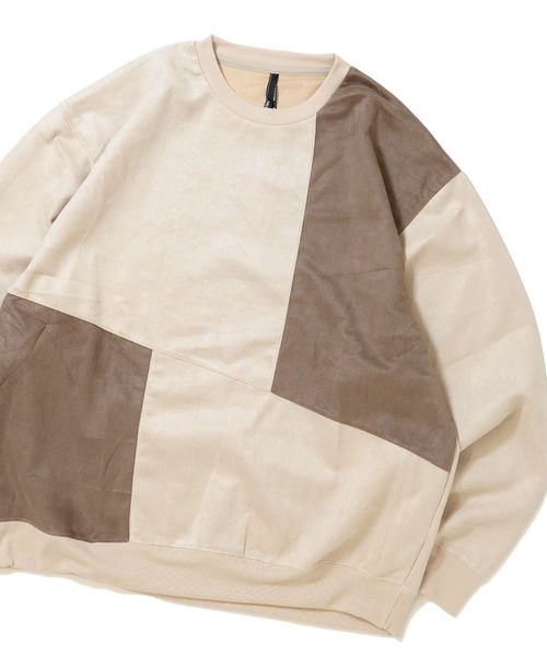 おしゃれスタ（オシャレスタ）の「faux suede switching design cutsew/スウェードタッチ 切り替えデザイン カットソー オーバーサイズ メンズ レディース（スウェット・メンズ・ブラック/グレイッシュベージュ/サックスブルー/オフホワイト/チャコールグレー・M/L/XL）」の2枚目の写真