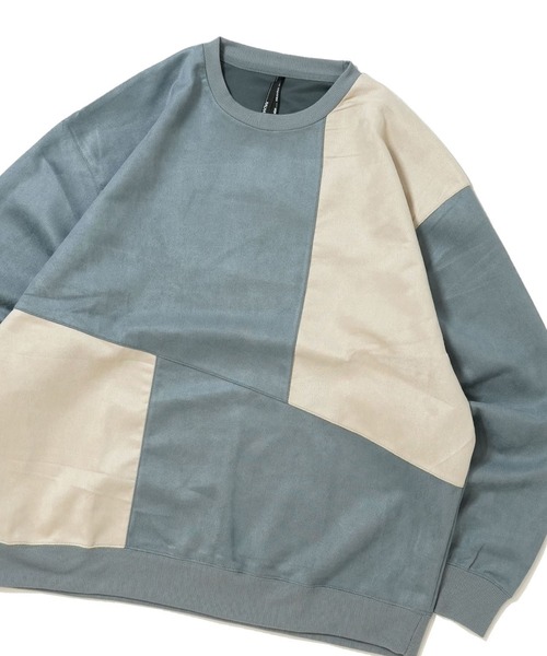 おしゃれスタ（オシャレスタ）の「faux suede switching design cutsew/スウェードタッチ 切り替えデザイン カットソー オーバーサイズ メンズ レディース（スウェット・メンズ・ブラック/グレイッシュベージュ/サックスブルー/オフホワイト/チャコールグレー・M/L/XL）」の5枚目の写真