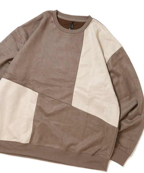 おしゃれスタ（オシャレスタ）の「faux suede switching design cutsew/スウェードタッチ 切り替えデザイン カットソー オーバーサイズ メンズ レディース（スウェット・メンズ・ブラック/グレイッシュベージュ/サックスブルー/オフホワイト/チャコールグレー・M/L/XL）」の4枚目の写真