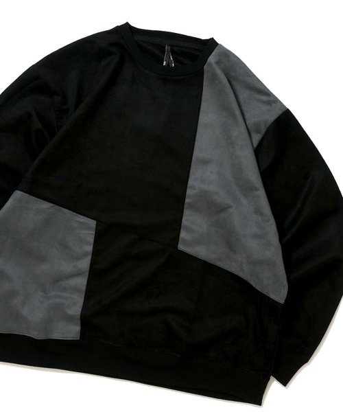 おしゃれスタ（オシャレスタ）の「faux suede switching design cutsew/スウェードタッチ 切り替えデザイン カットソー オーバーサイズ メンズ レディース（スウェット・メンズ・ブラック/グレイッシュベージュ/サックスブルー/オフホワイト/チャコールグレー・M/L/XL）」の3枚目の写真