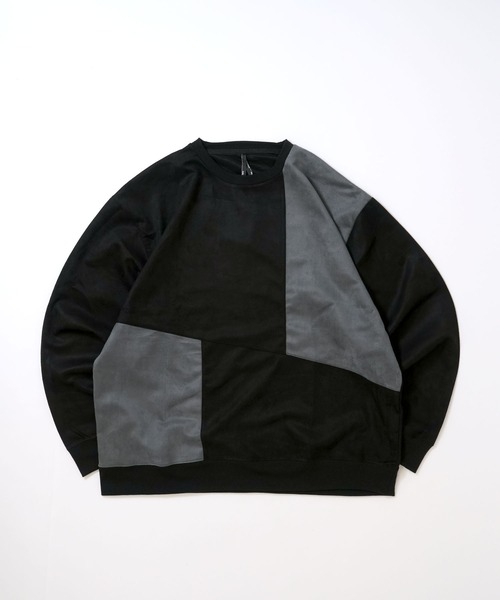 おしゃれスタ（オシャレスタ）の「faux suede switching design cutsew/スウェードタッチ 切り替えデザイン カットソー オーバーサイズ メンズ レディース（スウェット・メンズ・ブラック/グレイッシュベージュ/サックスブルー/オフホワイト/チャコールグレー・M/L/XL）」の6枚目の写真