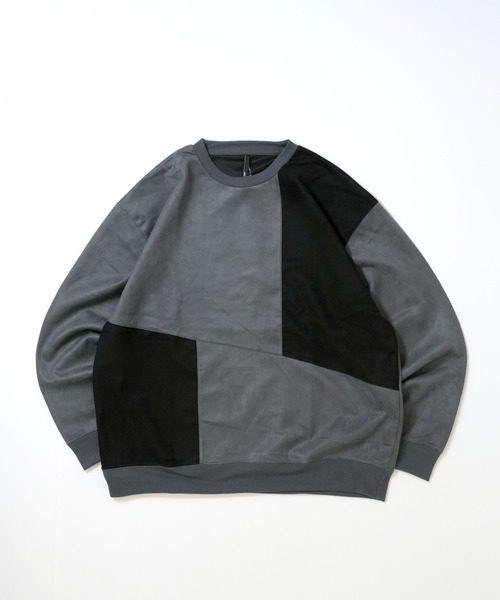 おしゃれスタ（オシャレスタ）の「faux suede switching design cutsew/スウェードタッチ 切り替えデザイン カットソー オーバーサイズ メンズ レディース（スウェット・メンズ・ブラック/グレイッシュベージュ/サックスブルー/オフホワイト/チャコールグレー・M/L/XL）」の7枚目の写真