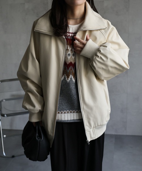 セール】フェイクレザー襟リブ・リブタートルブルゾン / 中綿