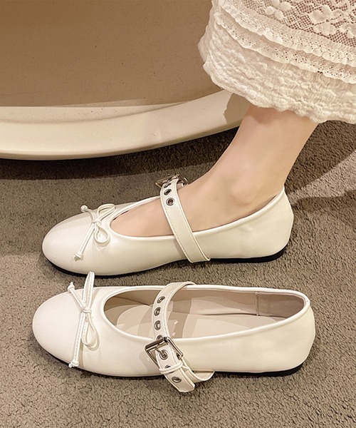 【25SS NEW】BALLY_women / B-Bow レザー フラットパンプス セール】レザー調 スタッズ ベルト リボン フラット パンプス