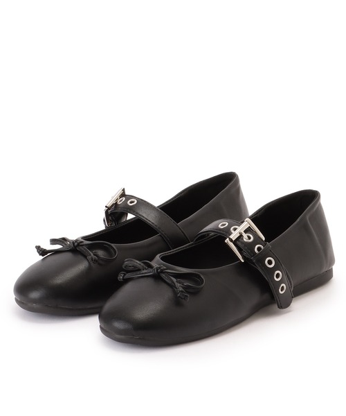 セール】レザー調 スタッズ ベルト リボン フラット パンプス