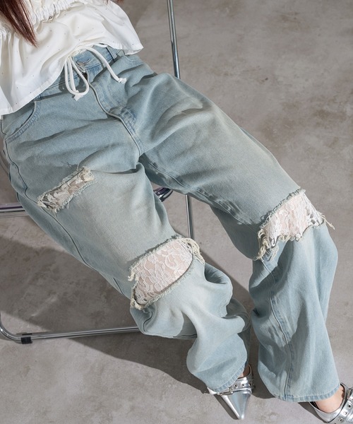 apres jour mignon(アプレジュールミニョン)の「ダメージレースデニム【ZOZOTOWN限定アイテム】(デニムパンツ・レディース・ライトブルー/ブラック系その他/インディゴブルー・X-LARGE/SMALL/MEDIUM)」の10枚目の写真