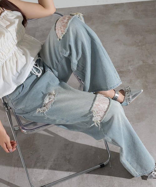 apres jour mignon(アプレジュールミニョン)の「ダメージレースデニム【ZOZOTOWN限定アイテム】(デニムパンツ・レディース・ライトブルー/ブラック系その他/インディゴブルー・X-LARGE/SMALL/MEDIUM)」の11枚目の写真