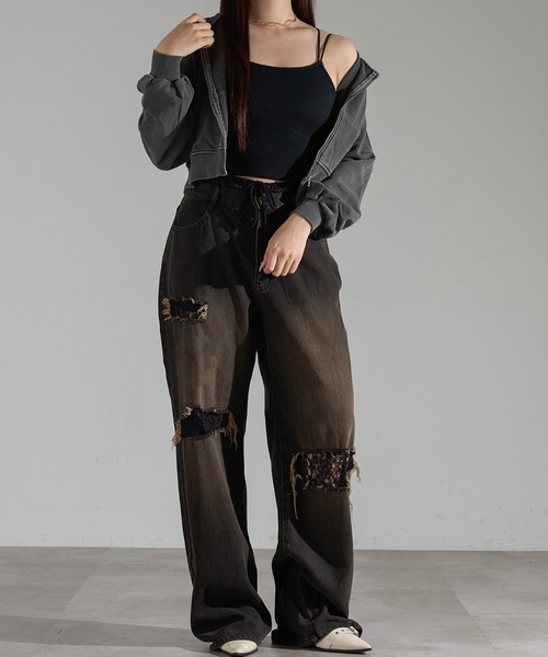 apres jour mignon(アプレジュールミニョン)の「ダメージレースデニム【ZOZOTOWN限定アイテム】(デニムパンツ・レディース・ライトブルー/ブラック系その他/インディゴブルー・X-LARGE/SMALL/MEDIUM)」の4枚目の写真