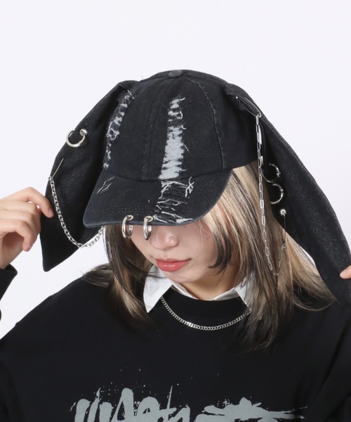 うさ耳フライトキャップサブカルチェーン ❤︎うさ耳フライトキャップ 犬耳 ハンドメイド 白黒y2k‬‬