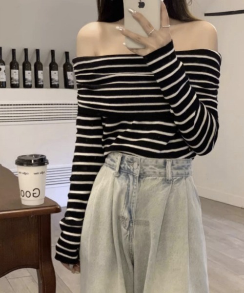 Ritzy（リッツィー）の「オフショルダー ボーダートップス（Tシャツ/カットソー・レディース・モカ/ホワイト/ブラック・FREE）」の12枚目の写真