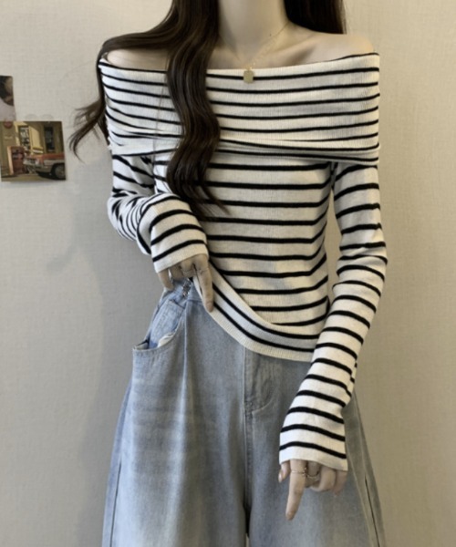 Ritzy（リッツィー）の「オフショルダー ボーダートップス（Tシャツ/カットソー・レディース・モカ/ホワイト/ブラック・FREE）」の13枚目の写真