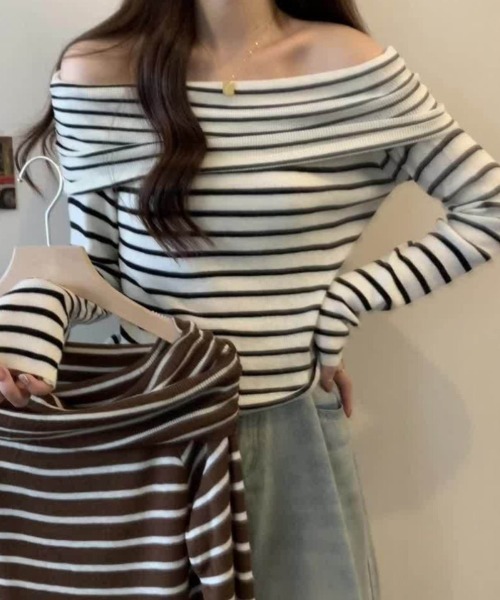 Ritzy（リッツィー）の「オフショルダー ボーダートップス（Tシャツ/カットソー・レディース・モカ/ホワイト/ブラック・FREE）」の6枚目の写真