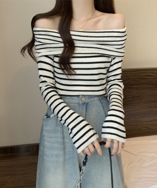 Ritzy（リッツィー）の「オフショルダー ボーダートップス（Tシャツ/カットソー・レディース・モカ/ホワイト/ブラック・FREE）」の7枚目の写真