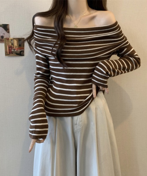 Ritzy（リッツィー）の「オフショルダー ボーダートップス（Tシャツ/カットソー・レディース・モカ/ホワイト/ブラック・FREE）」の9枚目の写真