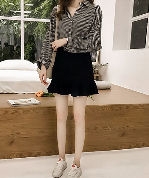 Pittok(ピットク)の「ギンガムチェックドロップショルダー八分袖チェック柄シャツ(シャツ/ブラウス・レディース・ブラック/レッド・MEDIUM)」の7枚目の写真
