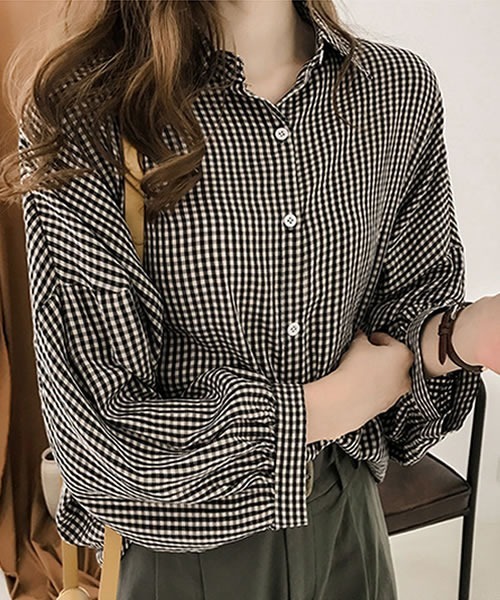 Pittok(ピットク)の「ギンガムチェックドロップショルダー八分袖チェック柄シャツ(シャツ/ブラウス・レディース・ブラック/レッド・MEDIUM)」の9枚目の写真