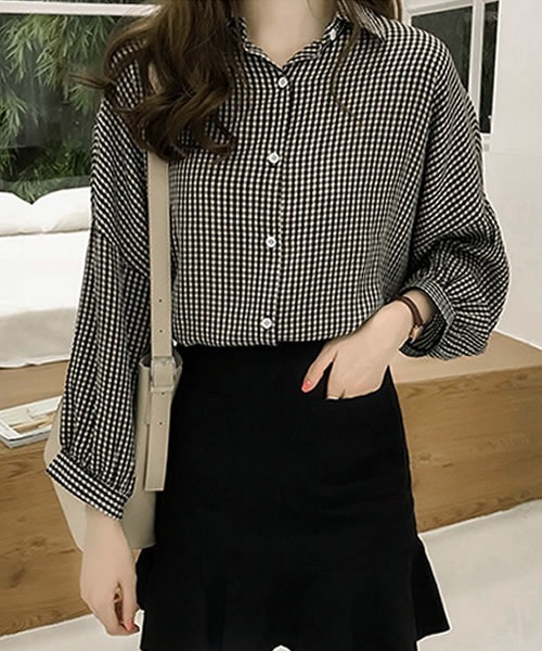 Pittok(ピットク)の「ギンガムチェックドロップショルダー八分袖チェック柄シャツ(シャツ/ブラウス・レディース・ブラック/レッド・MEDIUM)」の14枚目の写真