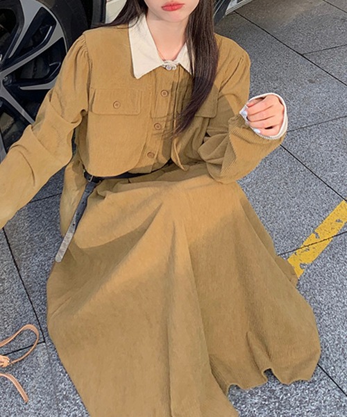 セール】配色コーデュロイワンピース ベルト付き（ワンピース