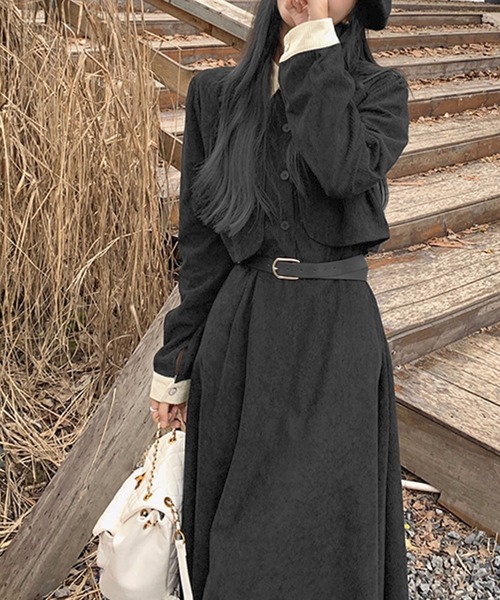 セール】配色コーデュロイワンピース ベルト付き（ワンピース