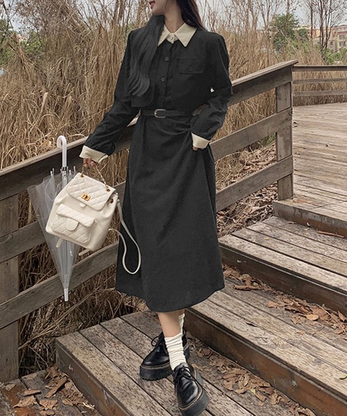 セール】配色コーデュロイワンピース ベルト付き（ワンピース