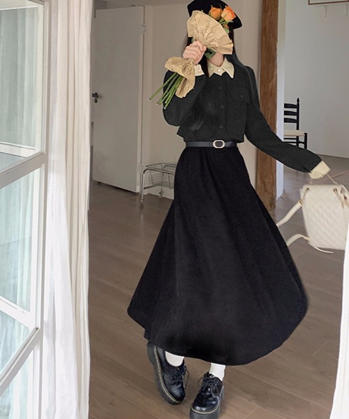 Kuroba(クロバ)の「配色コーデュロイワンピース ベルト付き(ワンピース・レディース・ブラック/ベージュ・M/L)」の5枚目の写真