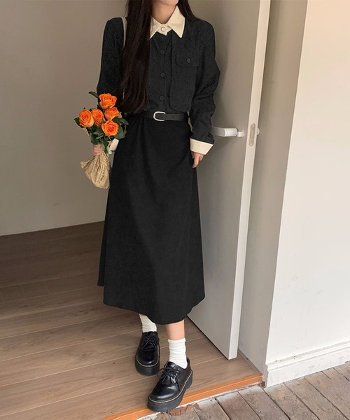 Kuroba(クロバ)の「配色コーデュロイワンピース ベルト付き(ワンピース・レディース・ブラック/ベージュ・M/L)」の7枚目の写真