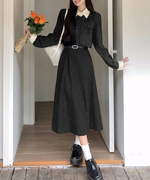 Kuroba(クロバ)の「配色コーデュロイワンピース ベルト付き(ワンピース・レディース・ブラック/ベージュ・M/L)」の8枚目の写真