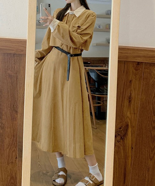 セール】配色コーデュロイワンピース ベルト付き（ワンピース