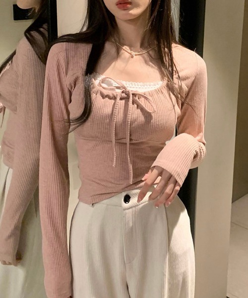 gossip!ロサンゼルス(ゴシップロサンゼルス)の「YUGA スクエアカラー フロントリボントップス(Tシャツ/カットソー・レディース・ホワイト/ピンク/オフホワイト/グレー・FREE)」の10枚目の写真