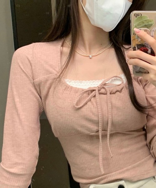 gossip!ロサンゼルス(ゴシップロサンゼルス)の「YUGA スクエアカラー フロントリボントップス(Tシャツ/カットソー・レディース・ホワイト/ピンク/オフホワイト/グレー・FREE)」の9枚目の写真