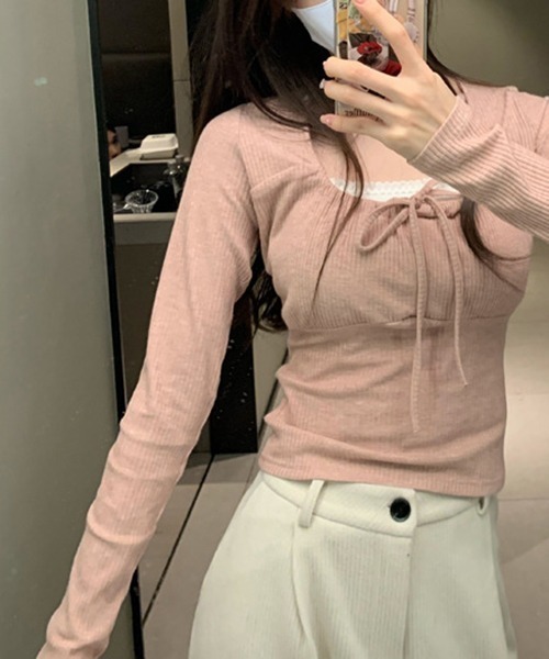 gossip!ロサンゼルス(ゴシップロサンゼルス)の「YUGA スクエアカラー フロントリボントップス(Tシャツ/カットソー・レディース・ホワイト/ピンク/オフホワイト/グレー・FREE)」の6枚目の写真