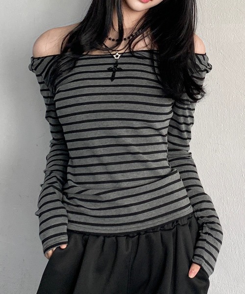 Teem Store(チームストア)の「ボーダー オフショル ロンT(Tシャツ/カットソー・レディース・ネイビー/ライトグレー/チャコール・L/M/S)」の3枚目の写真
