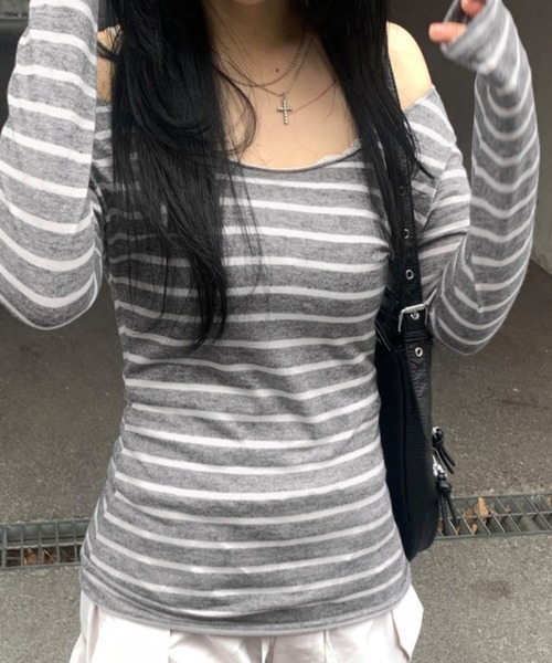 Teem Store(チームストア)の「ボーダー オフショル ロンT(Tシャツ/カットソー・レディース・ネイビー/ライトグレー/チャコール・L/M/S)」の1枚目の写真