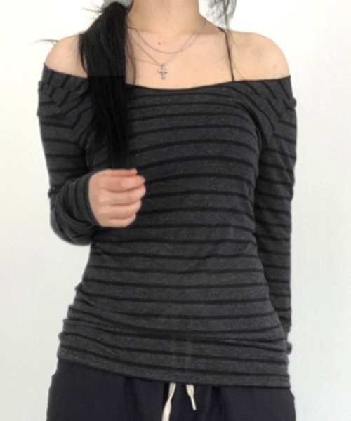 Teem Store(チームストア)の「ボーダー オフショル ロンT(Tシャツ/カットソー・レディース・ネイビー/ライトグレー/チャコール・L/M/S)」の11枚目の写真
