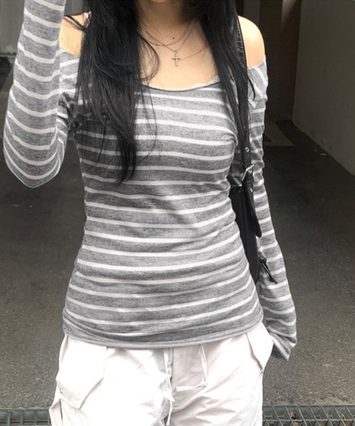 Teem Store(チームストア)の「ボーダー オフショル ロンT(Tシャツ/カットソー・レディース・ネイビー/ライトグレー/チャコール・L/M/S)」の4枚目の写真
